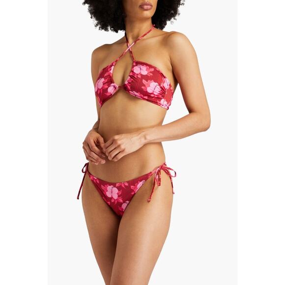 Fisch Pinel Ruched Floral print Stretch-econyl Halterneck Bikini Top Papaya - S - Picture 2 of 6